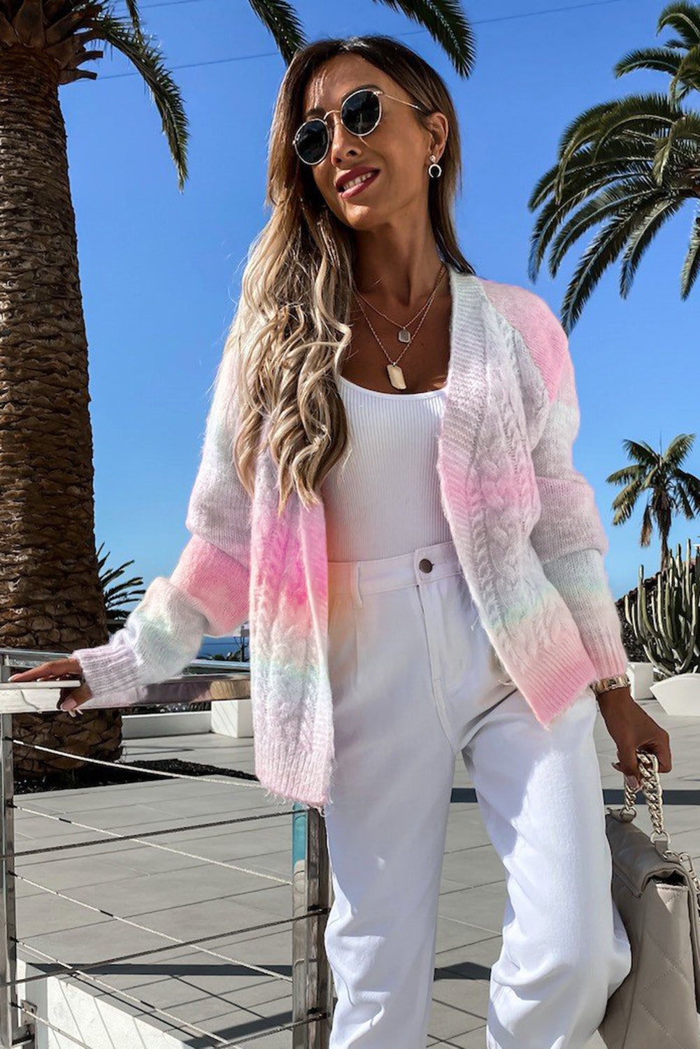 Multicolor Gradient Open Front Colorblock Tie-dye Cardigan