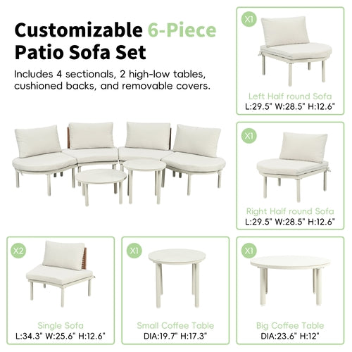 6-Piece Patio Sofa Furniture Set, Half Moon Outdoor Sectional Sofa
