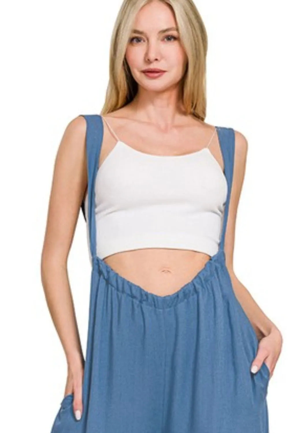 Zenana Woven Tie Back Suspender Jumpsuit