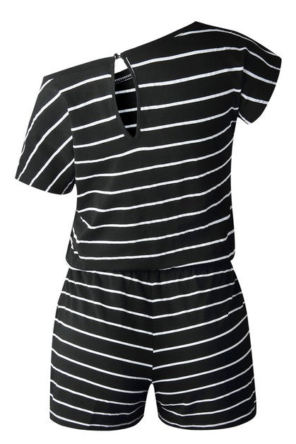 Striped Short Sleeve Drawstring Waist Romper