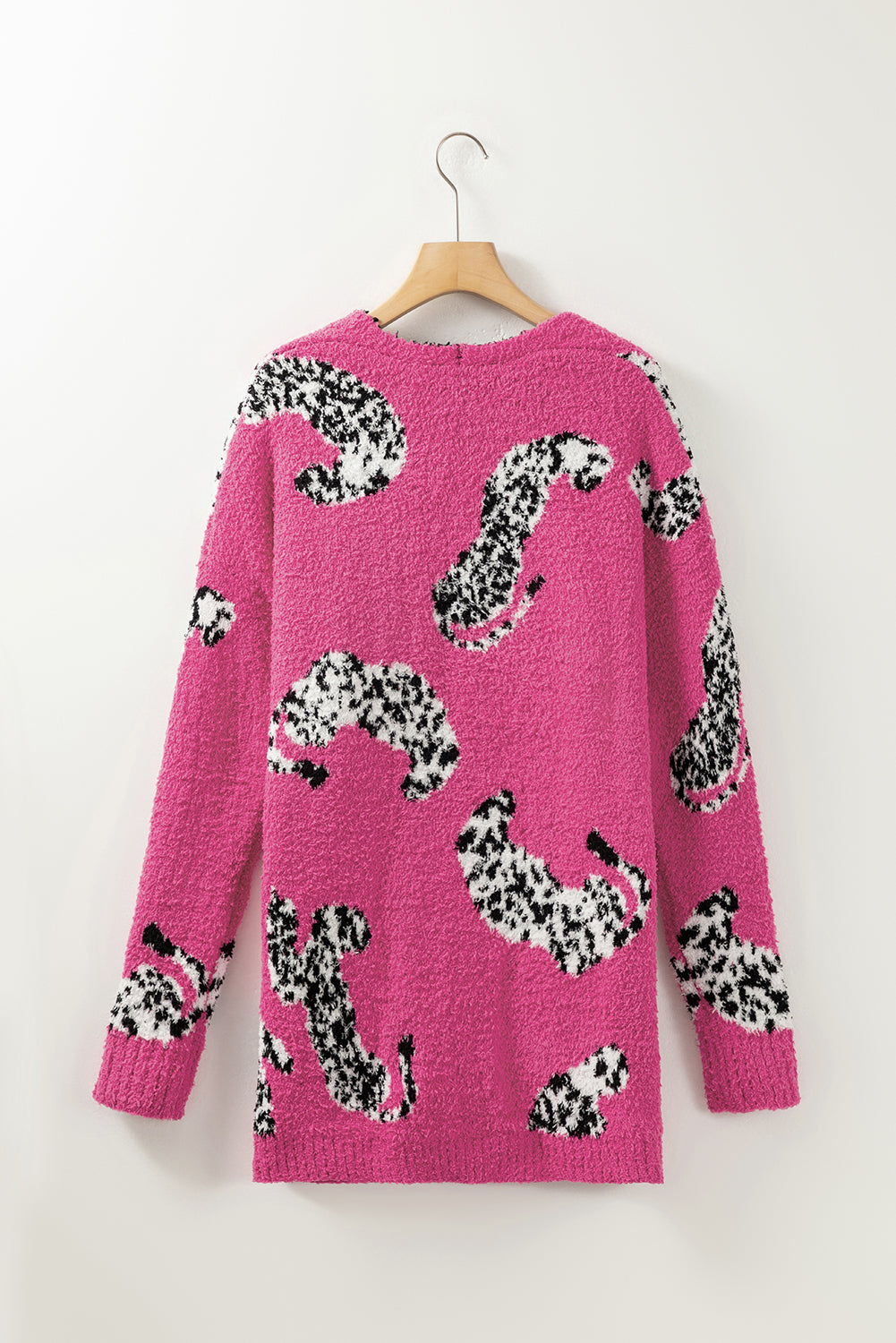Rose Red Cheetah Pattern Open Front Knitted Cardigan