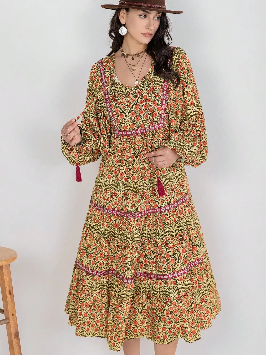 Floral Tiered Midi Dress with Balloon Sleeves