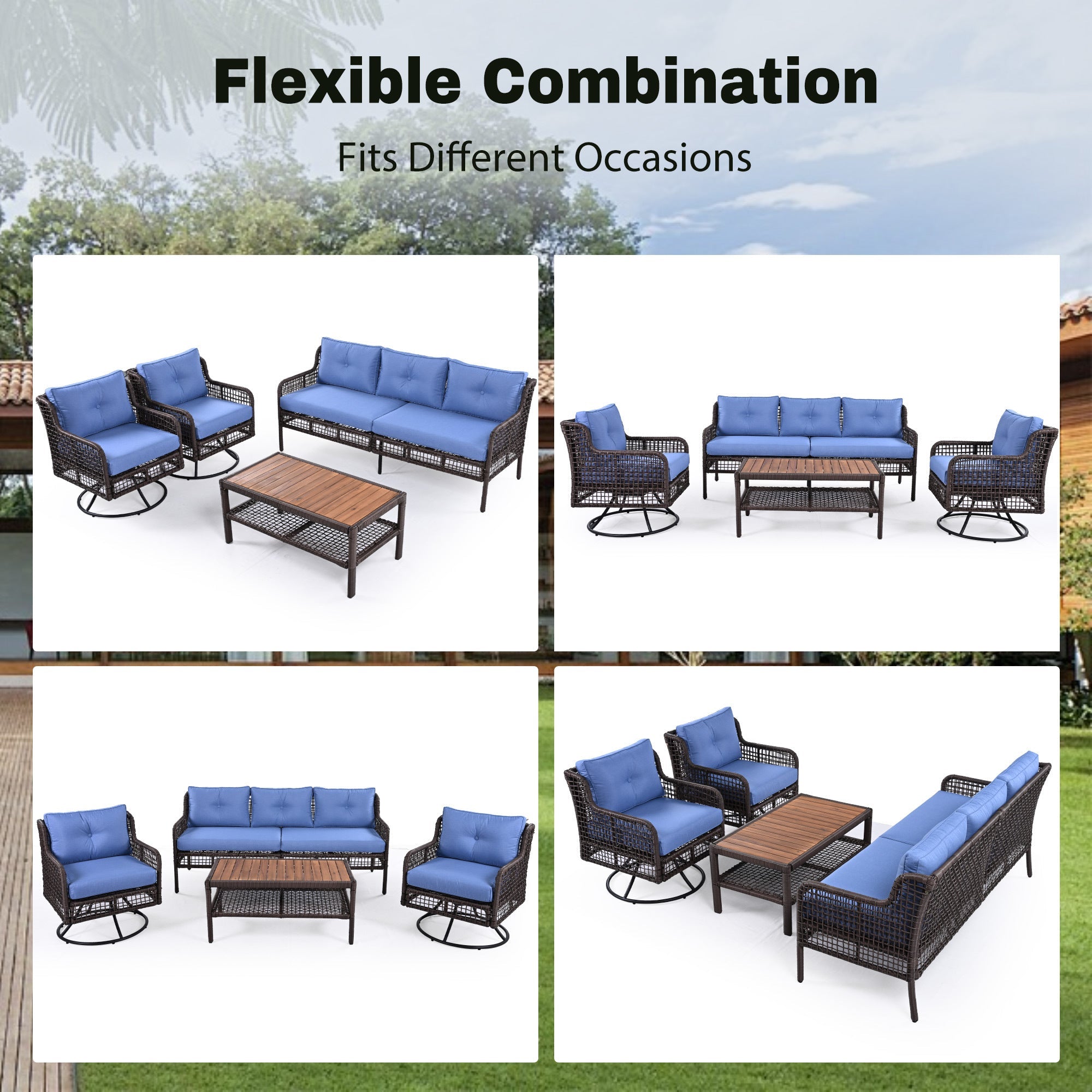 4 Pieces Patio Furniture Set with Swivel Chairs, Outdoor Wicker Sofas