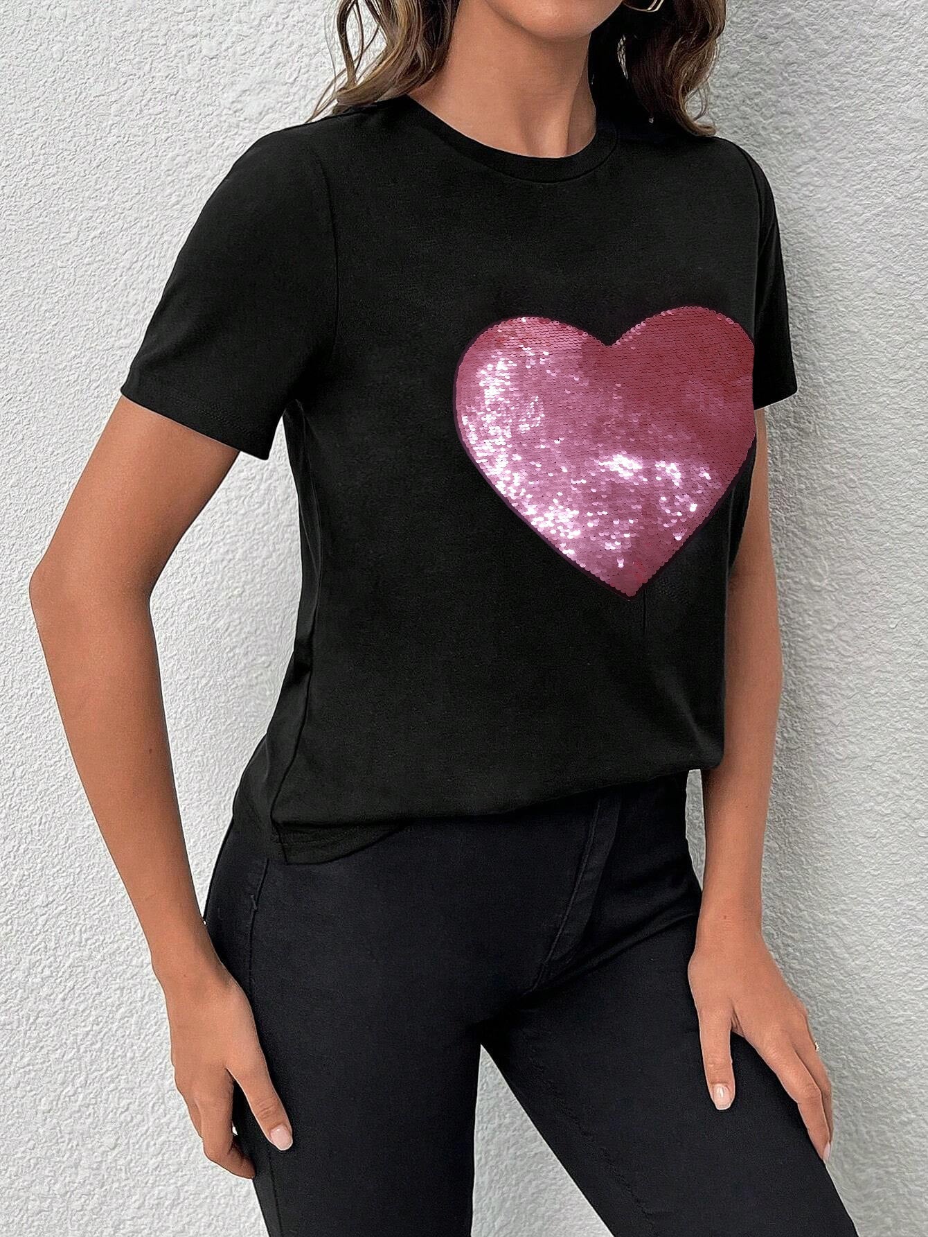 Black Valentine Sequin Heart Shaped Crew Neck T Shirt