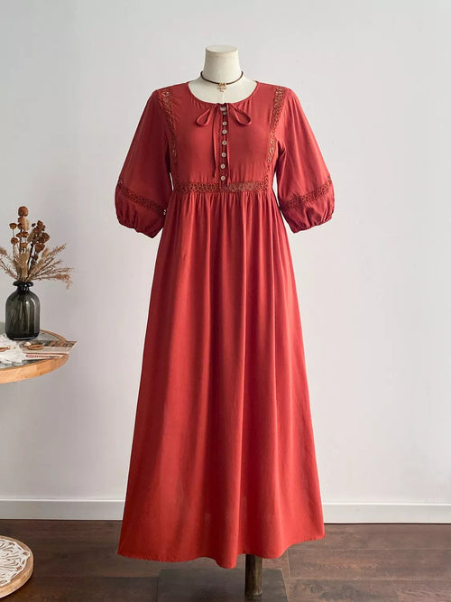 Plus Size Tie Neck Puff Sleeve Midi Dress with Lace Trim