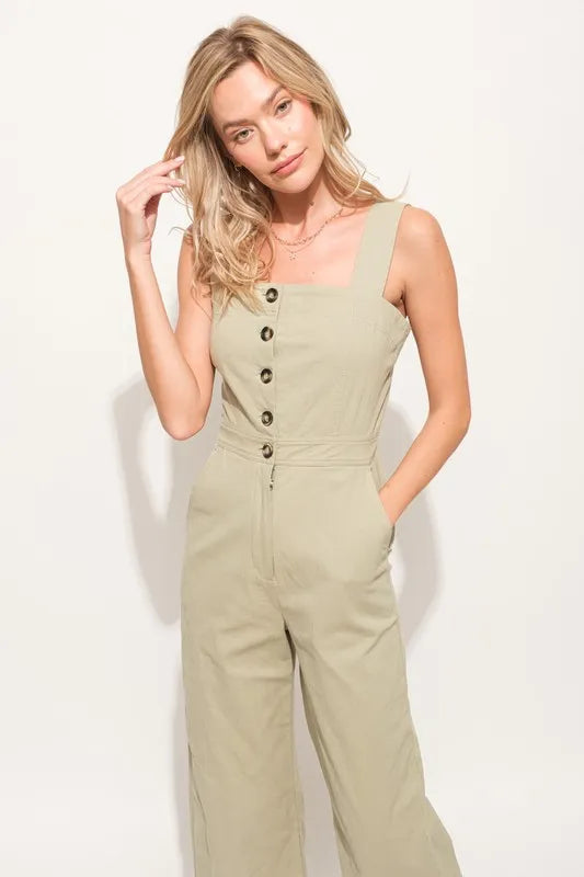 And The Why Square Neck Button Down Cropped Wide Leg Jumpsuit
