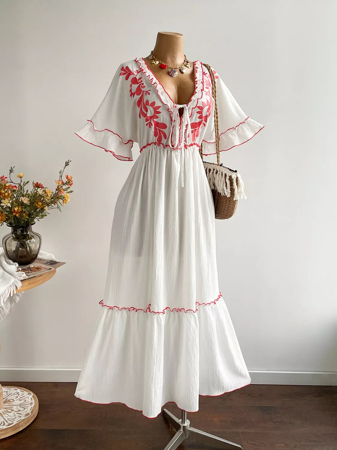 Plus Size Front Tie Maxi Dress with Floral Embroidered