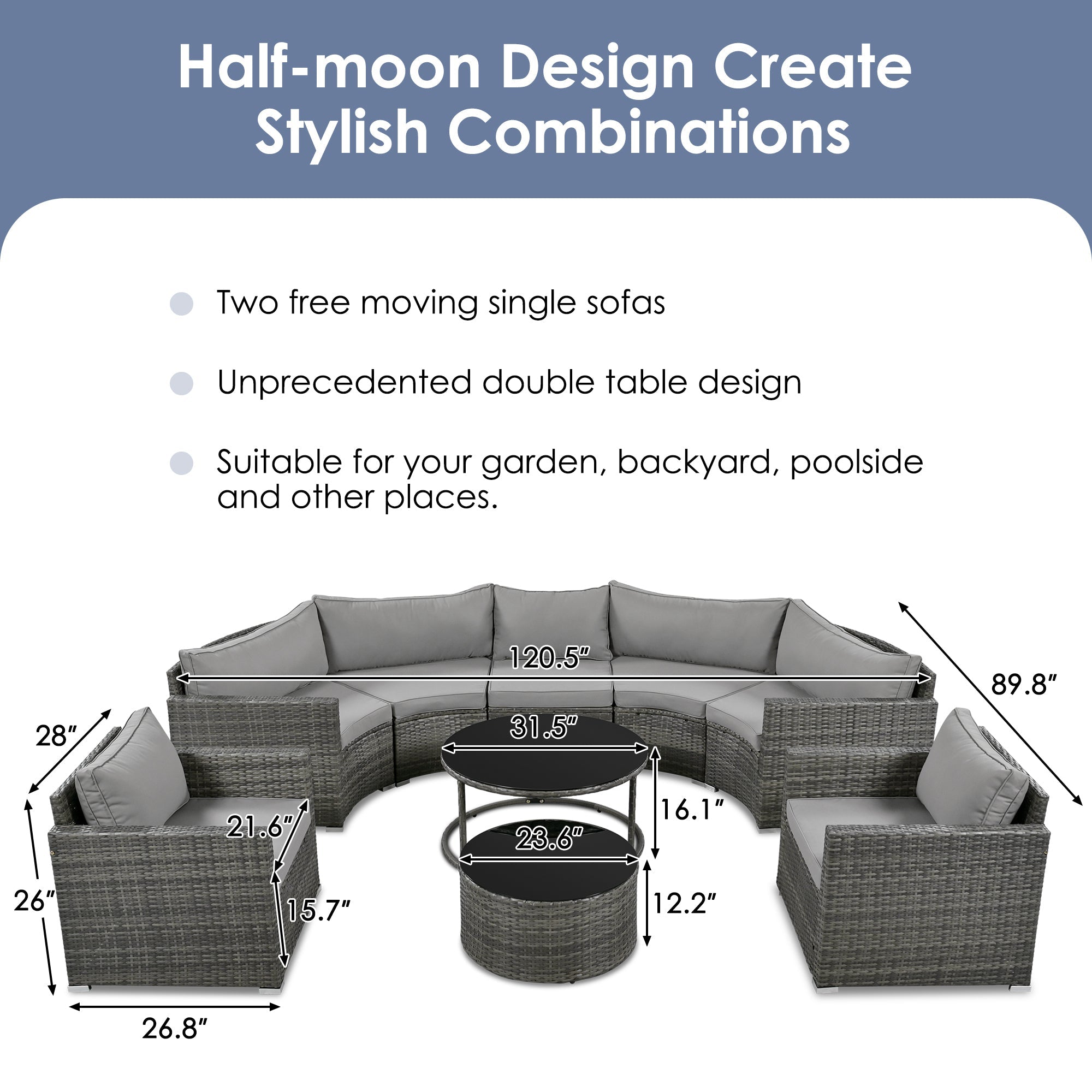 9-Pieces Outdoor Half-moon Patio Sofa Set, Round Sofa Set, Modern