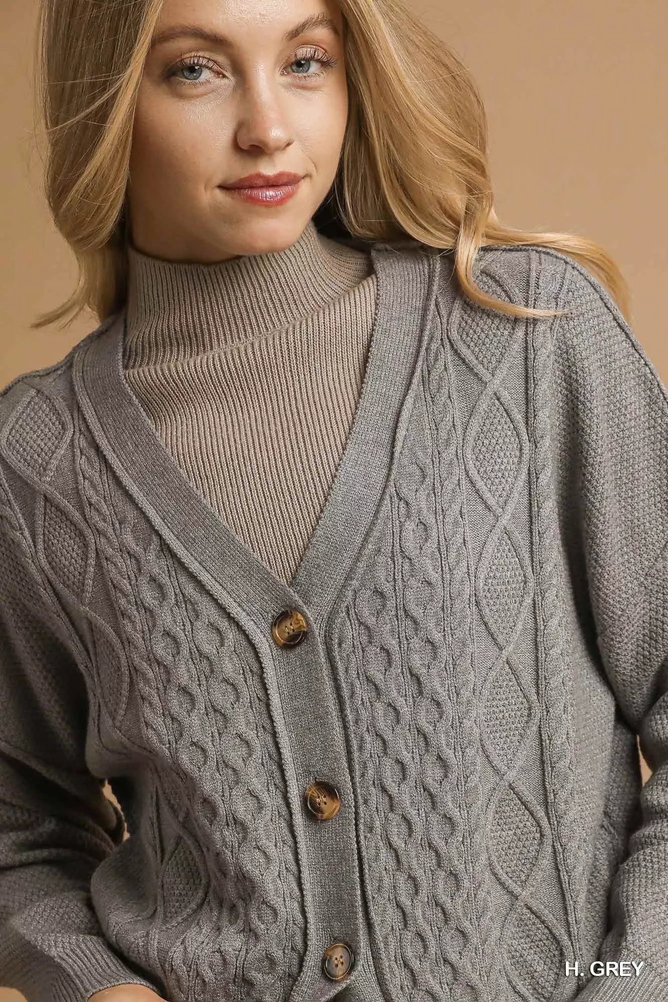 Umgee Chunky Cable Knit V-Neck Button-Up Cardigan