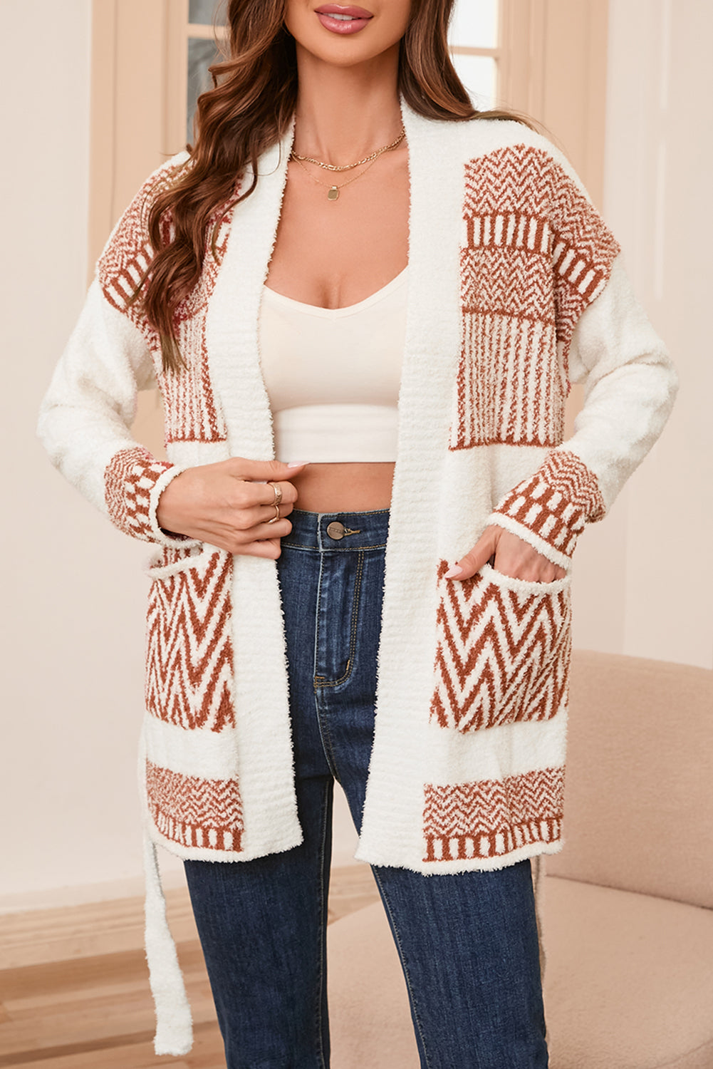 White Western Aztec Belted Cardigan