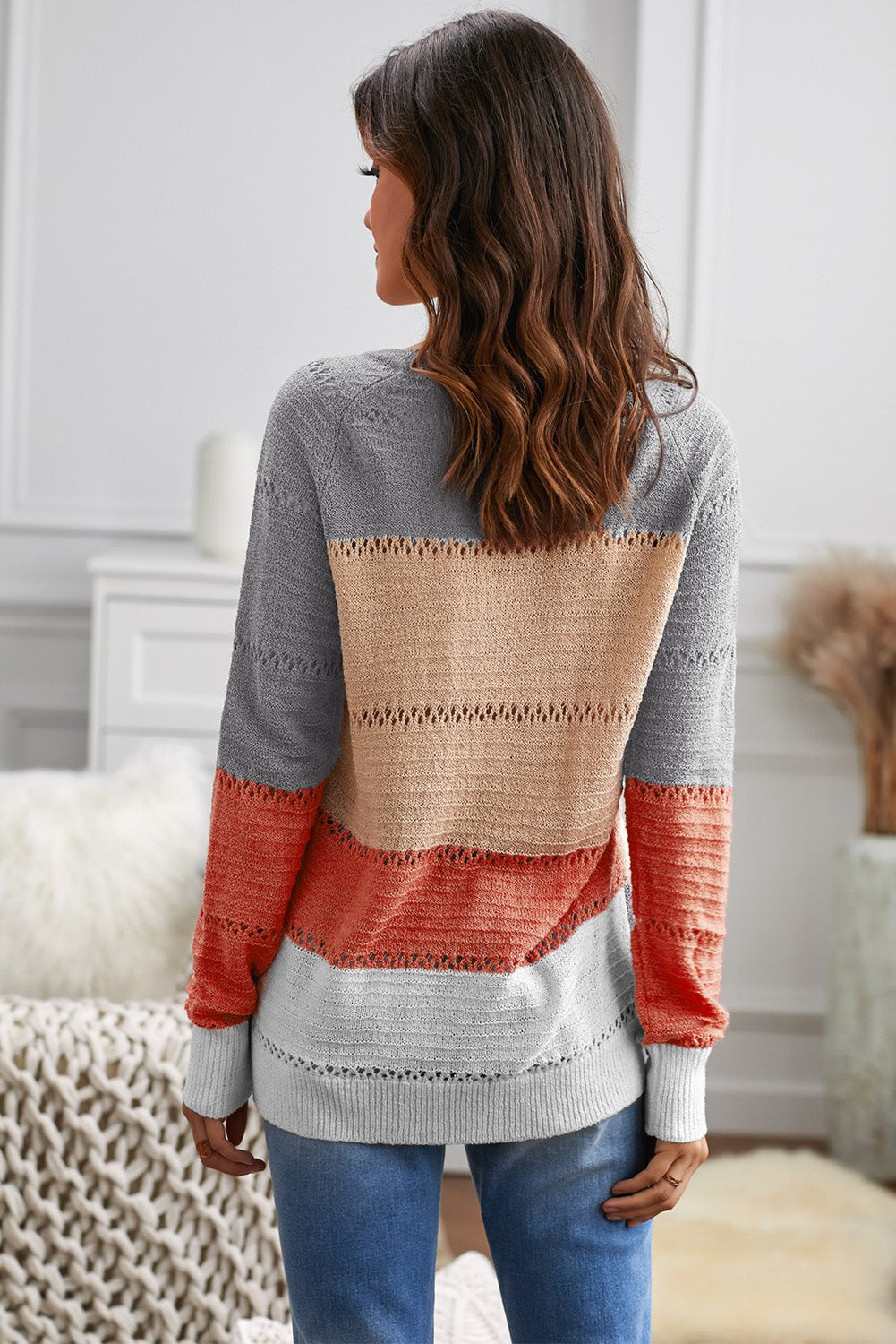 Gray Accent Knitted Color Block Long Sleeve Crew Neck Sweater