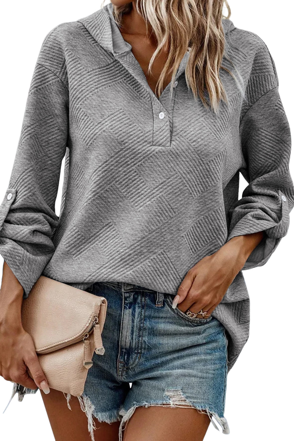 Medium Grey Textured Knit Pin-up Sleeve Pullover Hoodie