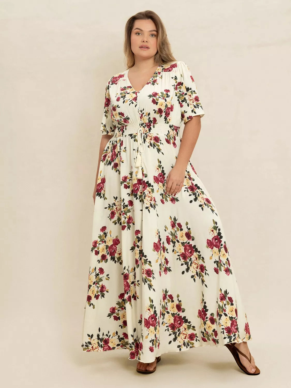 Plus Size Floral Flutter Sleeve Maxi Dress with Button Front
