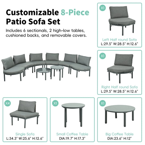 8-Piece Patio Sofa Furniture Set, Half Moon Outdoor Sectional Sofa