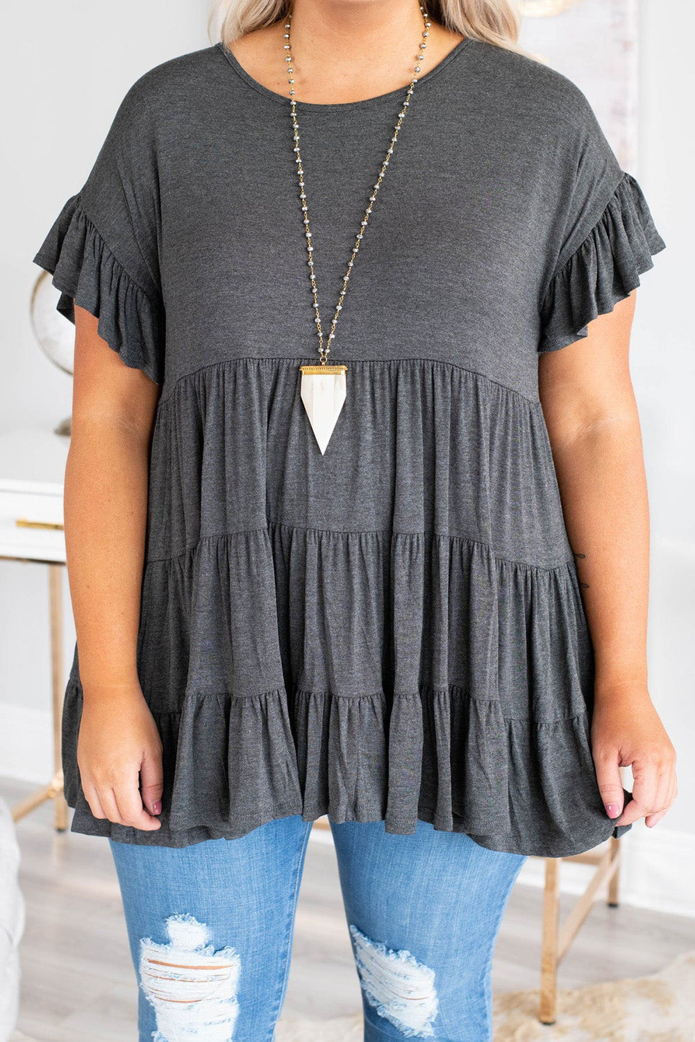 Gray Tiered Ruffled Short Sleeve Plus Size Blouse
