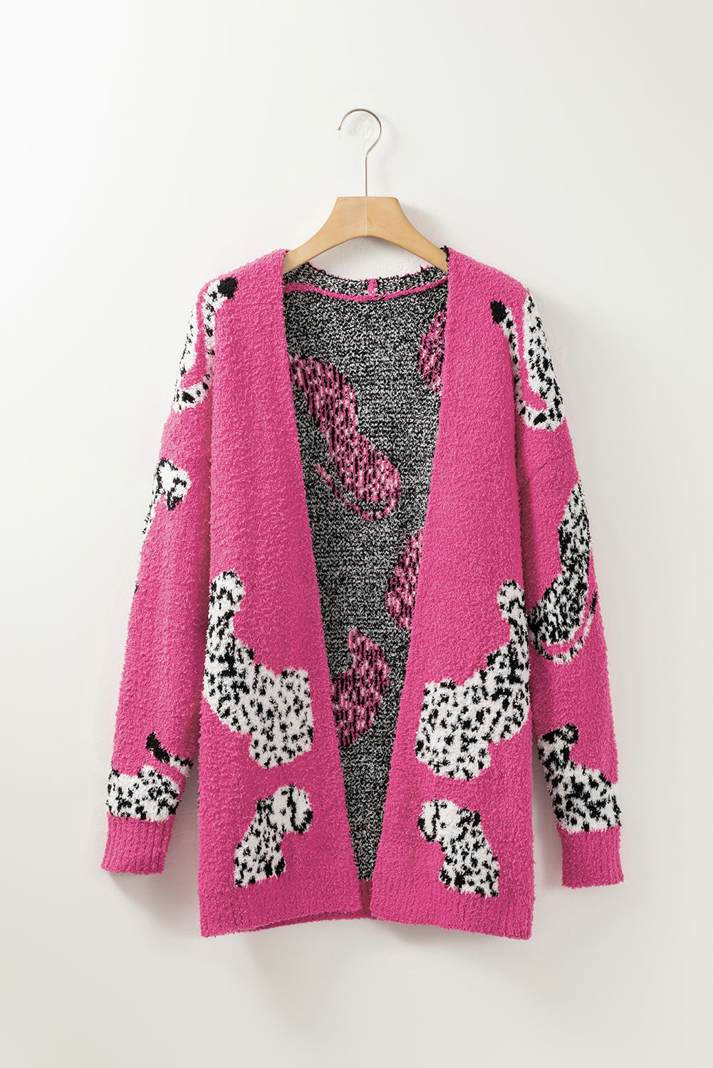 Rose Red Cheetah Pattern Open Front Knitted Cardigan
