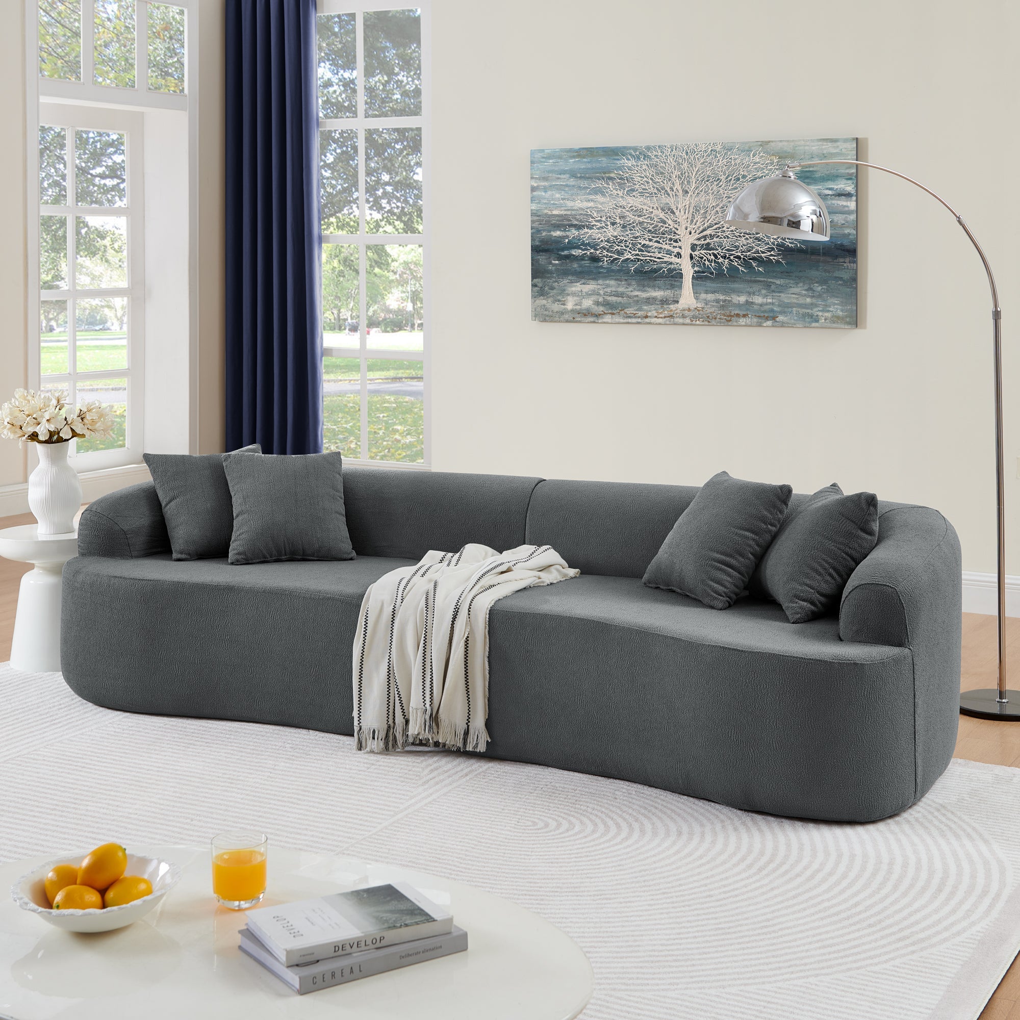 Curved Modular Sectional Sofa in Lamb's Wool Fabric, Modern Minimalist