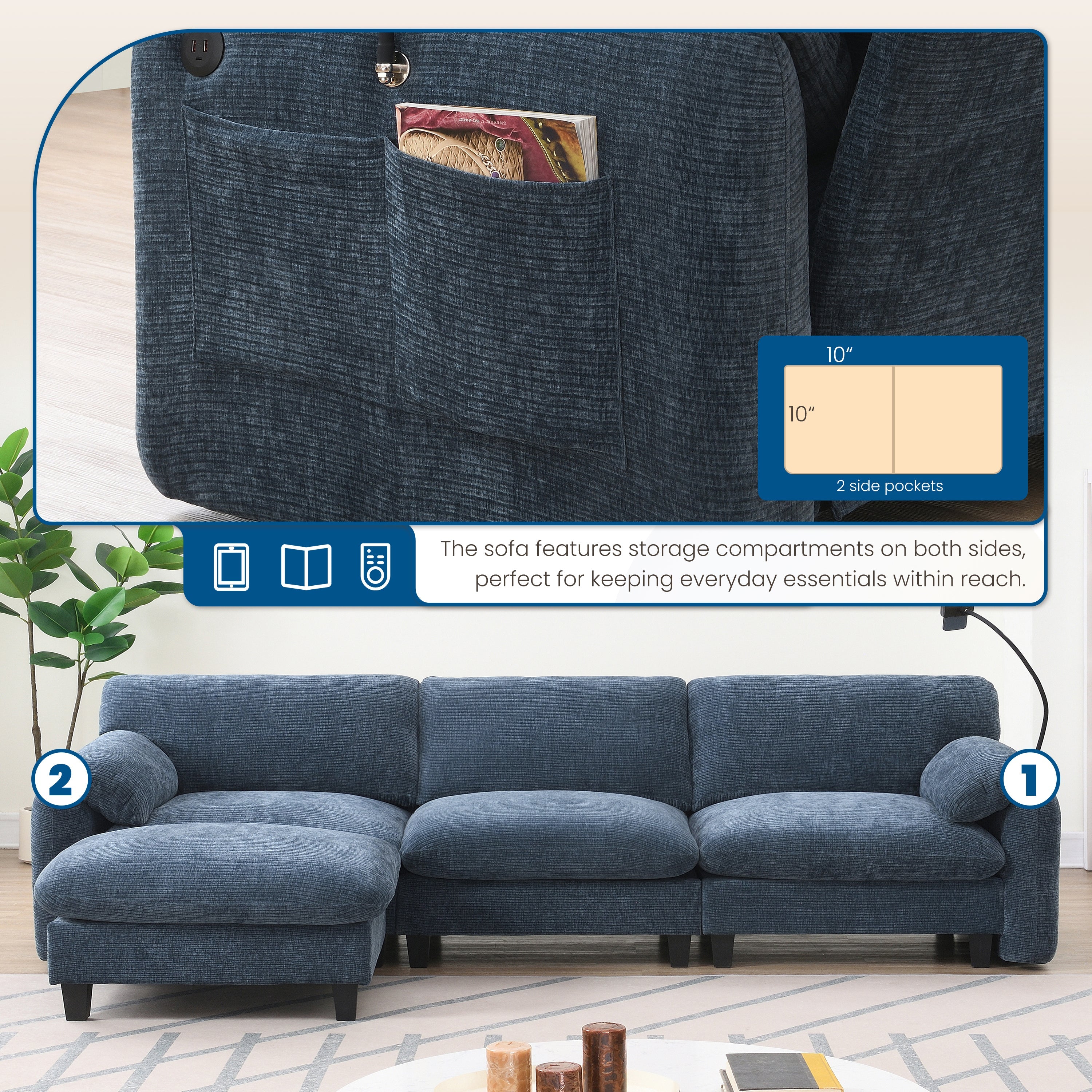 108' Modular Sectional Sofa, L-Shape with 31.5' Extra-Wide Seat