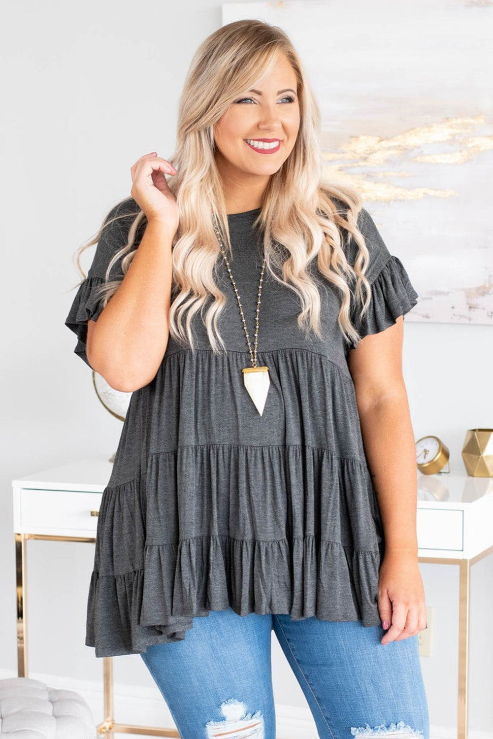 Gray Tiered Ruffled Short Sleeve Plus Size Blouse