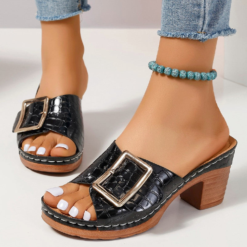 Fashion Crocodile-textured Buckle Sandals Square Chunky Heel Peep-toe