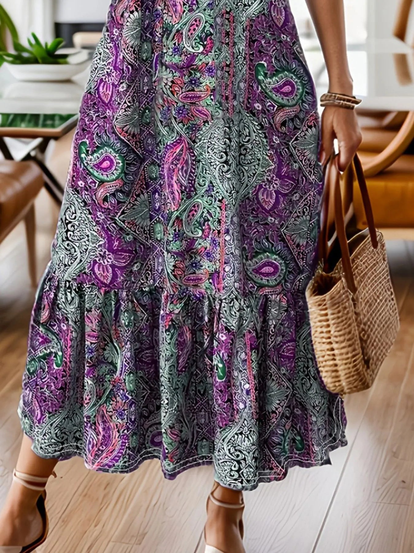Full Size Bohemian Paisley Print Ruffle Hem Midi Dress Plus Size