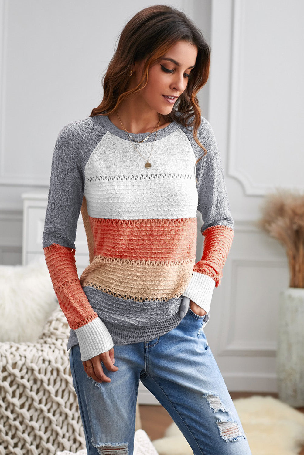 Gray Accent Knitted Color Block Long Sleeve Crew Neck Sweater