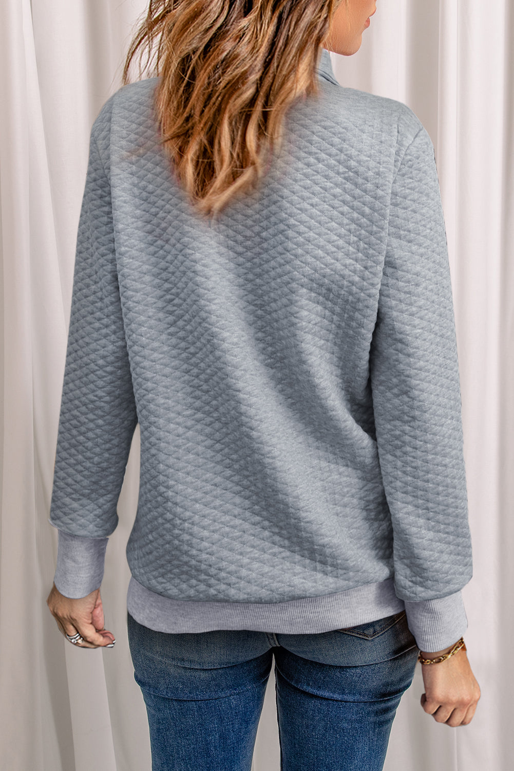 Gray Quilted Snaps Stand Neck Pullover Sweatshirt with Fake Front Pock