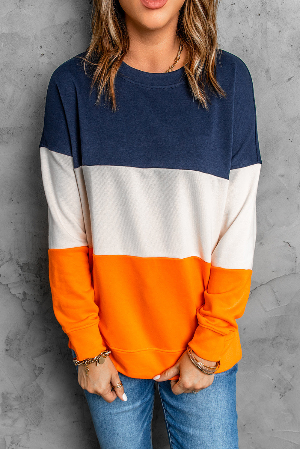 Colorblock Orange Contrast Stitching Sweatshirt with Slits
