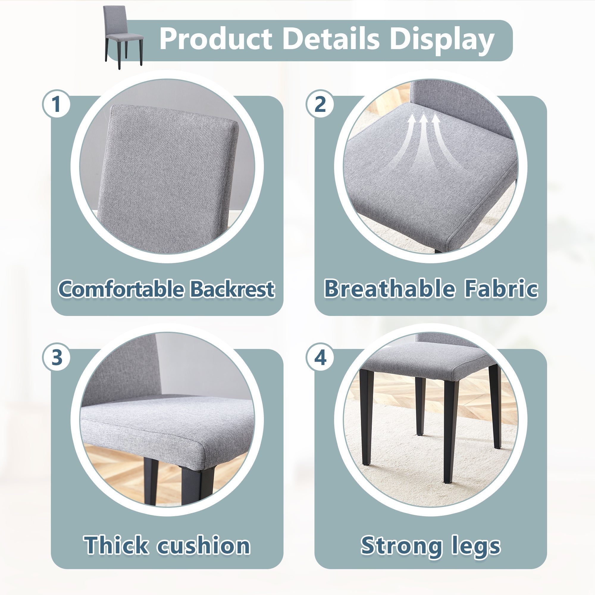 Exquisite Light Gray Linen-Cotton Dining Chairs Set of 4, Simple and