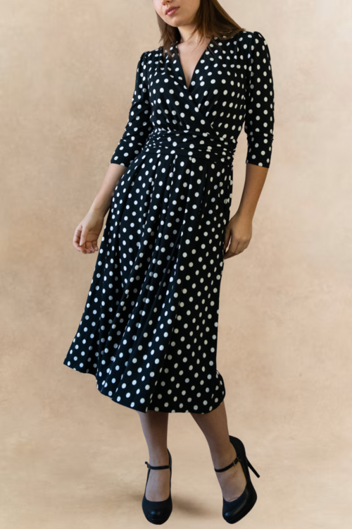 Evelyn Polka Dot Black Knit Wrap Midi Dress 3/4 Sleeve V-Neck Pockets