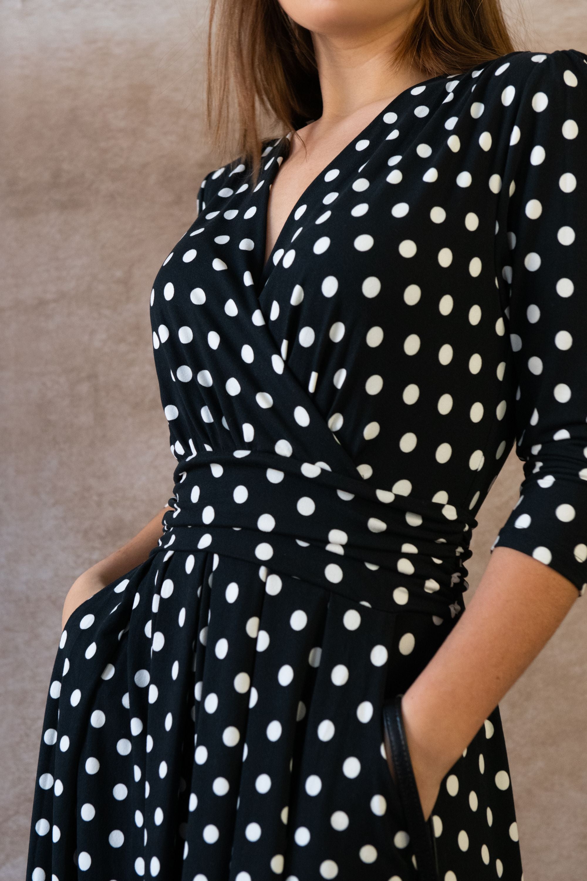 Evelyn Polka Dot Black Knit Wrap Midi Dress 3/4 Sleeve V-Neck Pockets