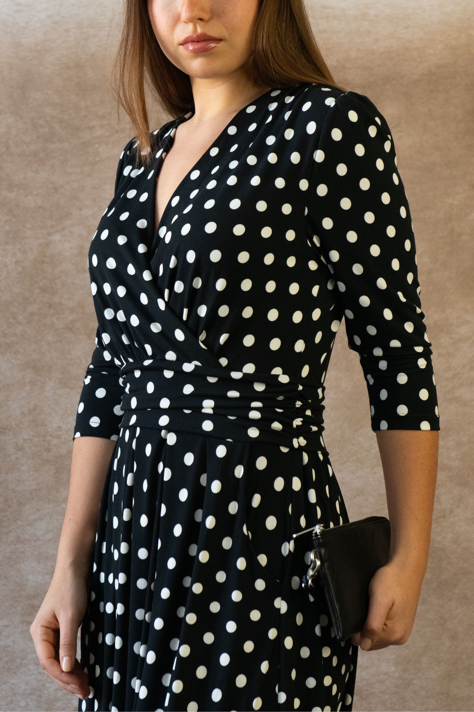 Evelyn Polka Dot Black Knit Wrap Midi Dress 3/4 Sleeve V-Neck Pockets