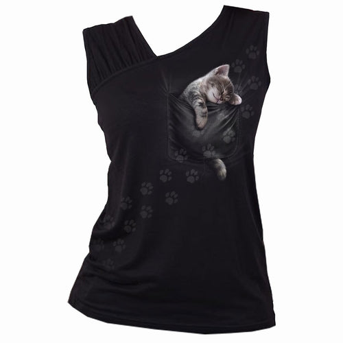 POCKET KITTEN - Gathered Shoulder Slant Vest Black