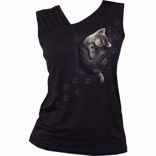 POCKET KITTEN - Gathered Shoulder Slant Vest Black