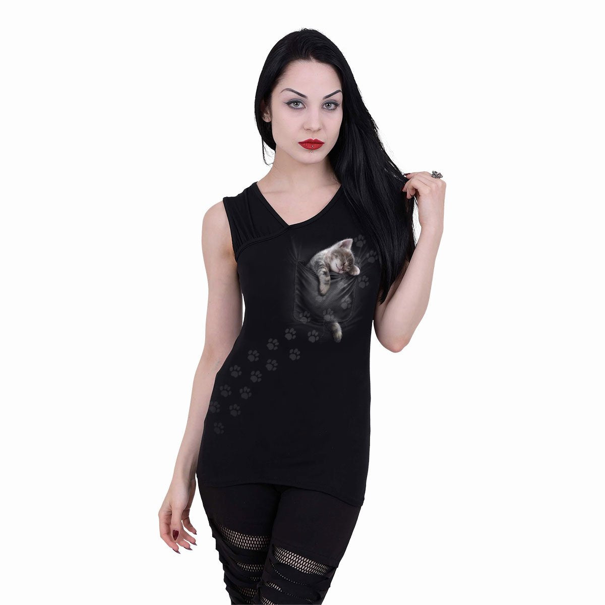 POCKET KITTEN - Gathered Shoulder Slant Vest Black