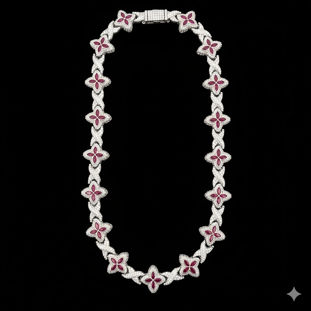 998791 | 925 Silver Moissanite Red Clove  Rhodium Chain