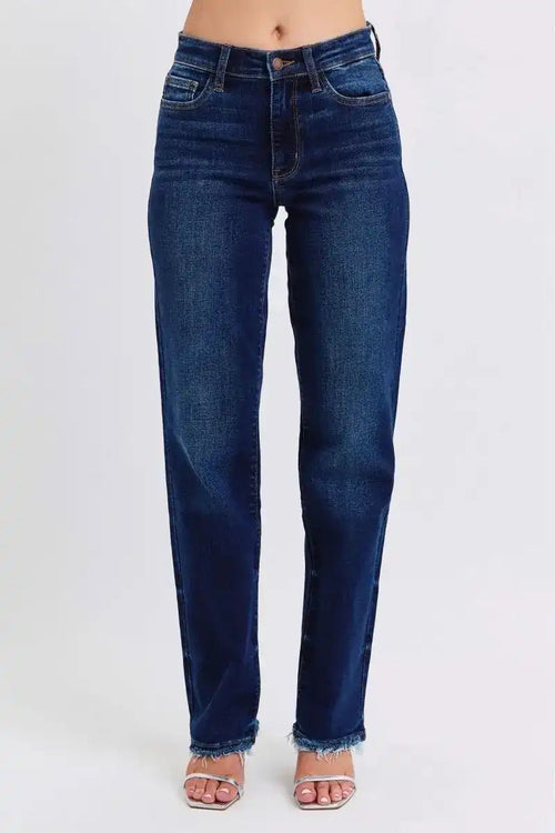 Judy Blue Mid Rise Raw Hem Straight Leg Jeans 82622