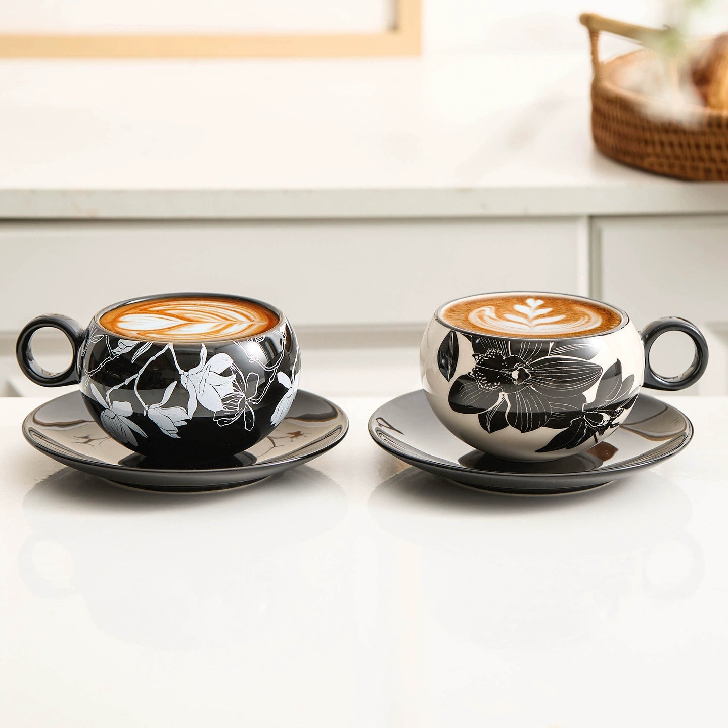 Peony Porcelain Coffee Cup & Saucer Set — Elegance in Black and White