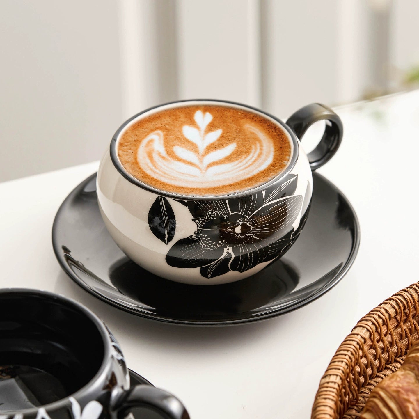 Peony Porcelain Coffee Cup & Saucer Set — Elegance in Black and White