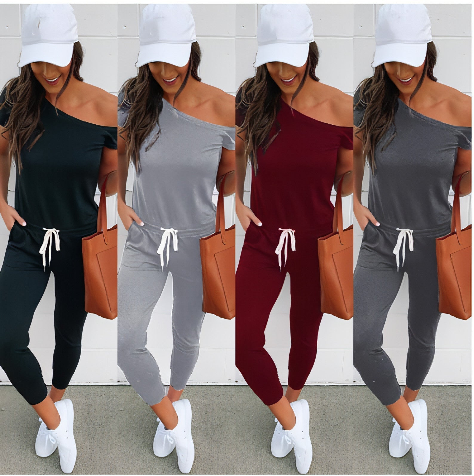 Women's Off-the-shoulder Short-sleeved Pocket Lace-up Shoulder