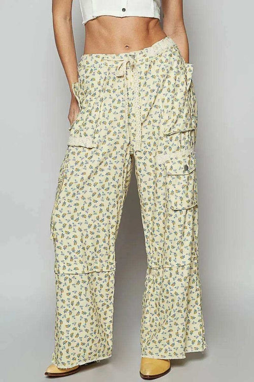 POL Floral Cargo Wide Leg Pants with Lace Drawstring