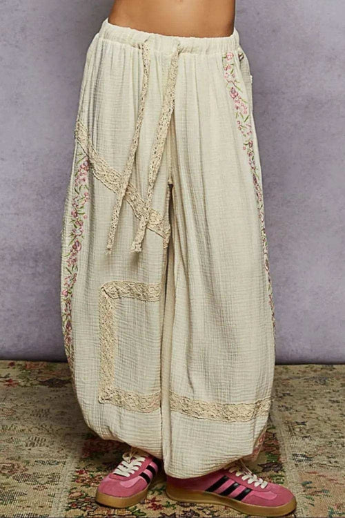 POL Floral Embroidered Drawstring Joggers with Lace Trim