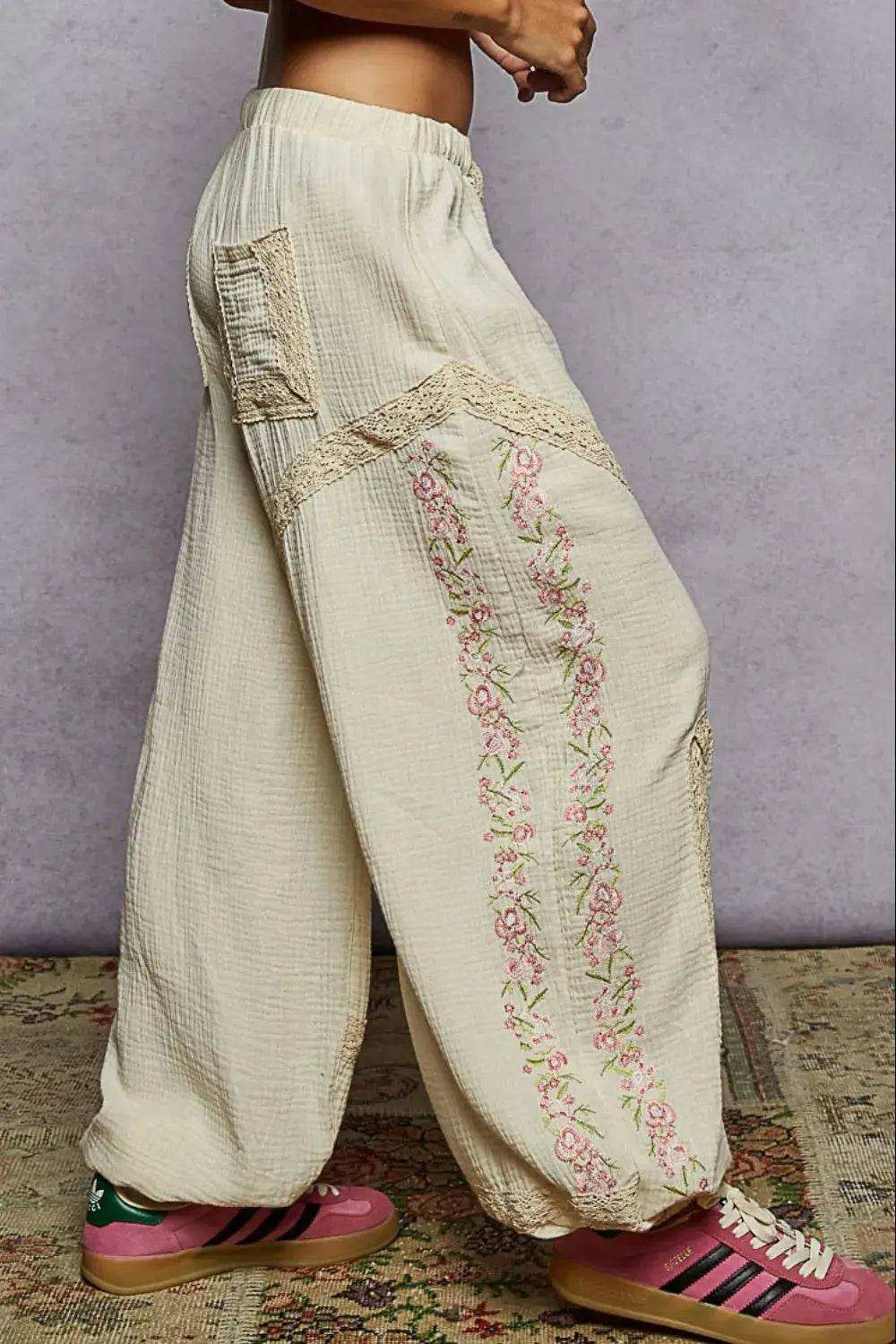 POL Floral Embroidered Drawstring Joggers with Lace Trim
