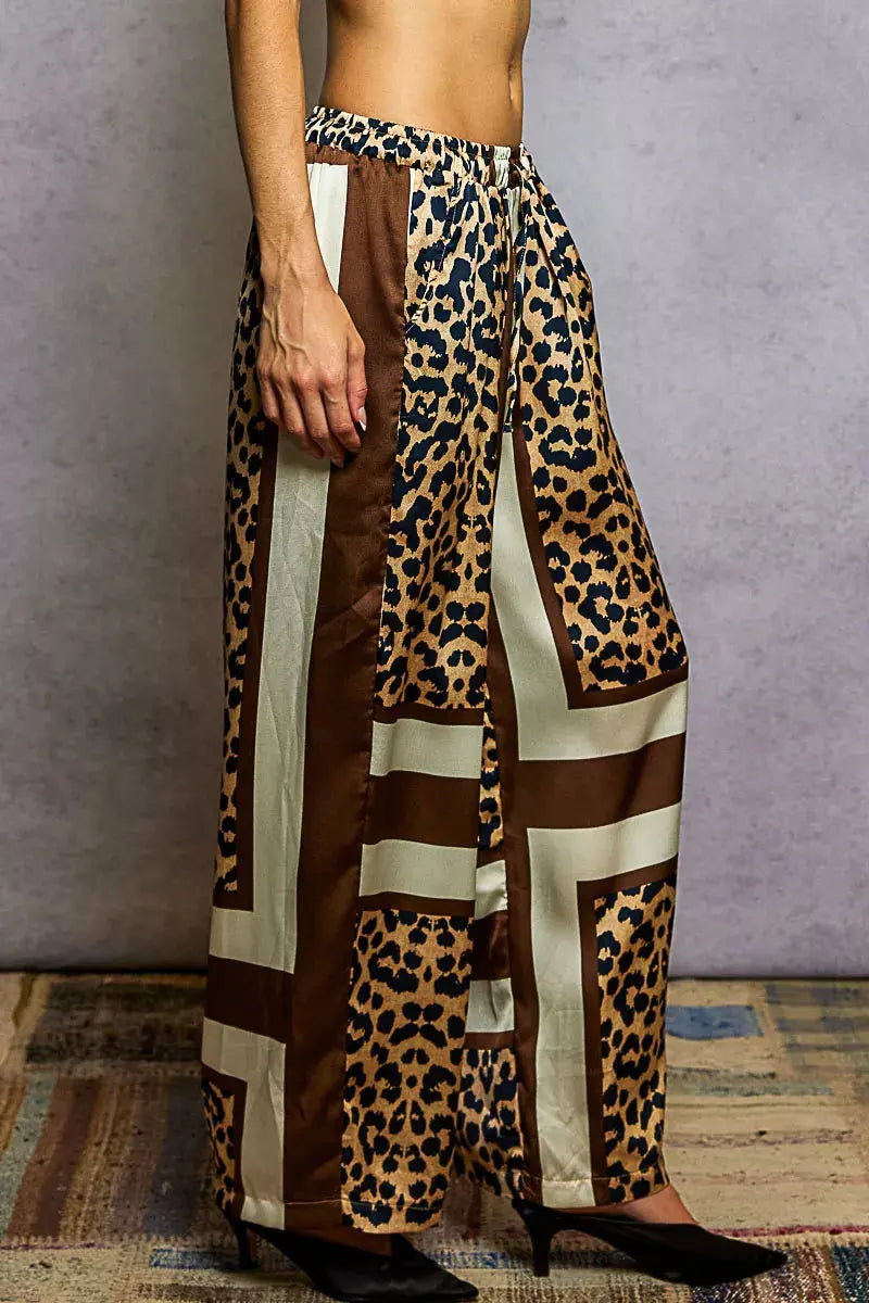 POL Leopard Printed Woven Wide Leg Drawstring Pants