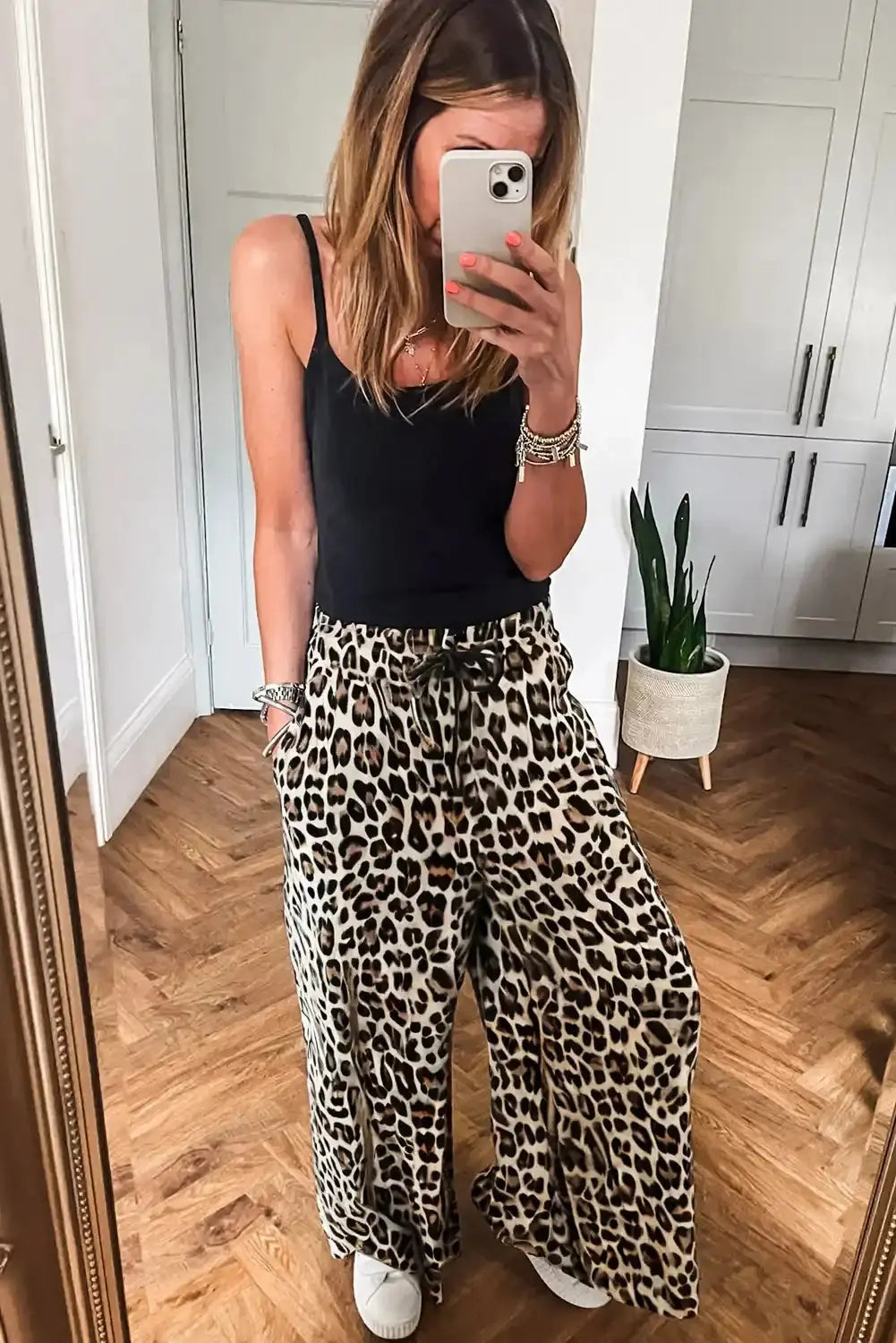 Parchment Leopard Drawstring Elastic Waistband Flowy Wide Leg Pants