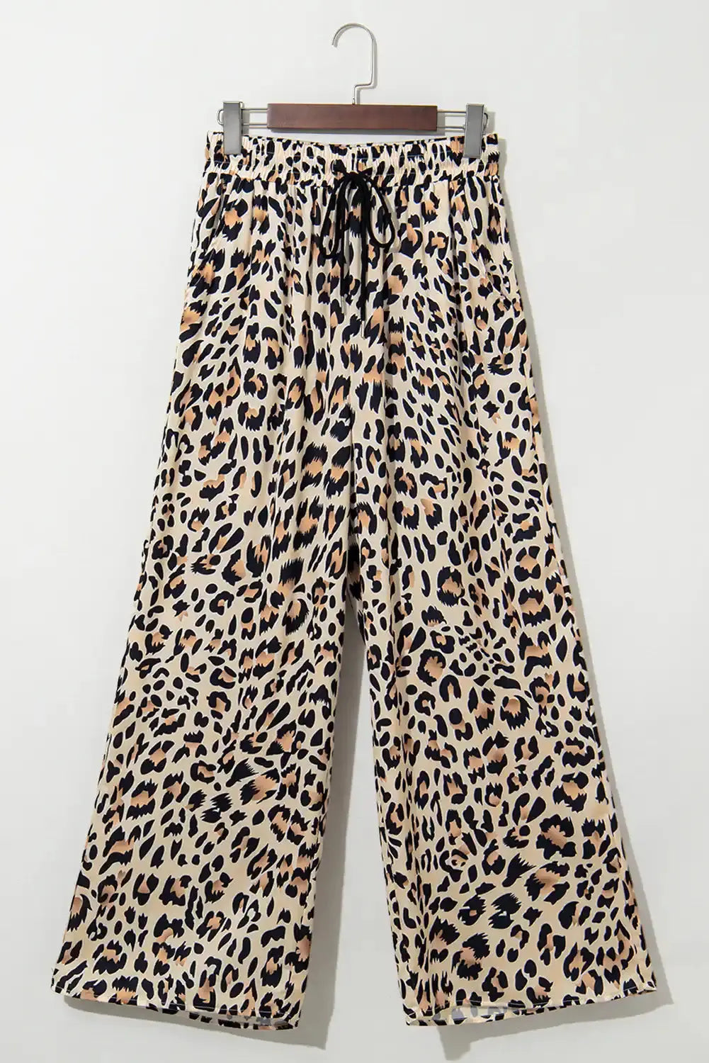 Parchment Leopard Drawstring Elastic Waistband Flowy Wide Leg Pants