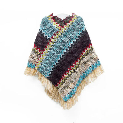 Patchwork Shawl Knitted Striped Print Cardigans Women Poncho Autumn
