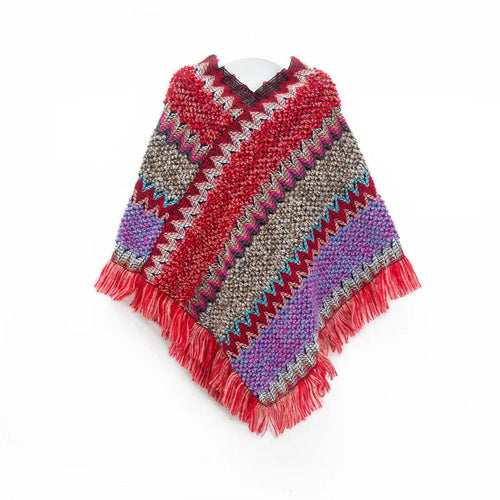 Patchwork Shawl Knitted Striped Print Cardigans Women Poncho Autumn