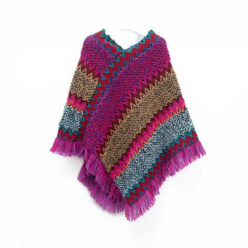 Patchwork Shawl Knitted Striped Print Cardigans Women Poncho Autumn