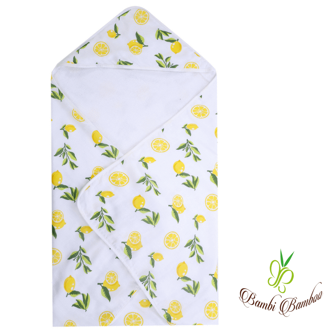 Baby Hooded Towel, Muslin-Backed, Buttery Soft Terry, Lemon Print